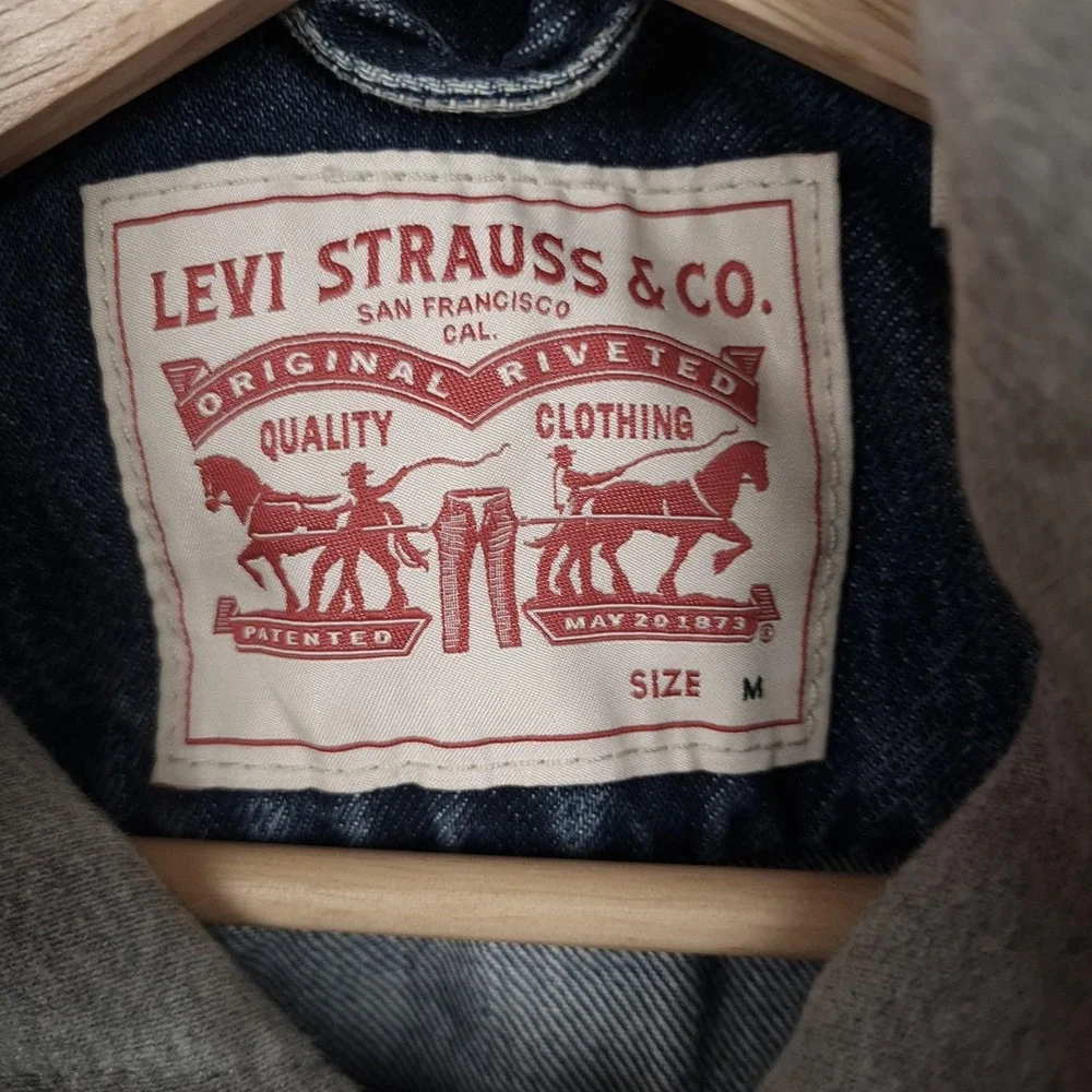 Levis Shirt Jacket Mens Medium Blue Denim Hooded Snap Front Workwear Shacket - Picture 14 of 15